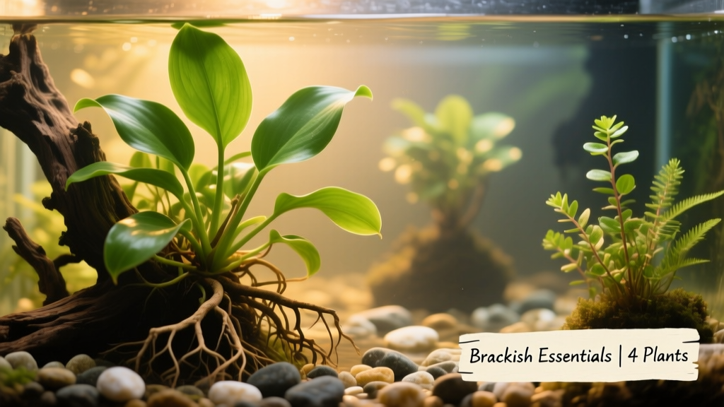 Close-up of healthy Cryptocoryne wendtii and Anubias growing together on aquascaped driftwood in a stable brackish aquarium