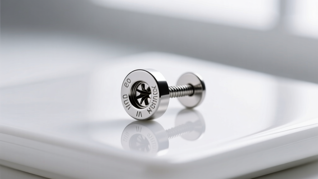 Macro view of an implant-grade titanium flat-back stud earring with precision screw threads on a white ceramic surface.