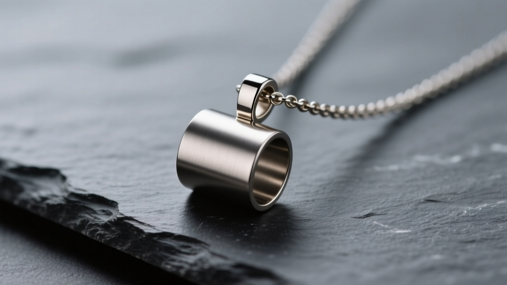 Close-up of a cylindrical titanium breathe necklace pendant on dark slate, soft lighting highlighting the brushed metal finish.