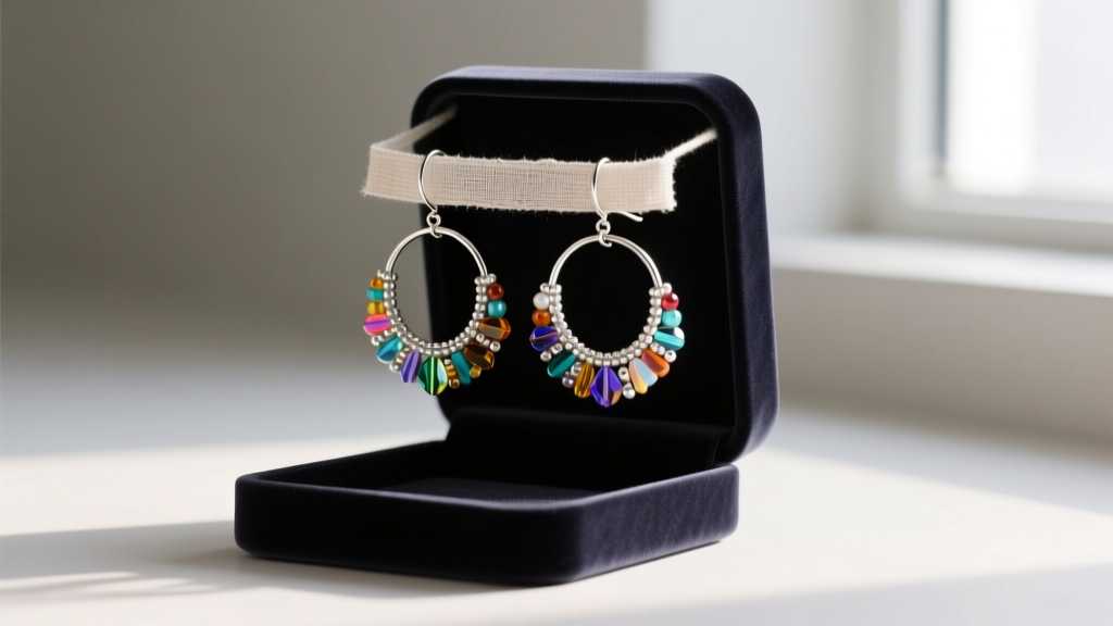 Velvet box displaying handmade beaded hoop earrings hung on anti-tarnish fabric strips to prevent wire bending and silver tarnish.