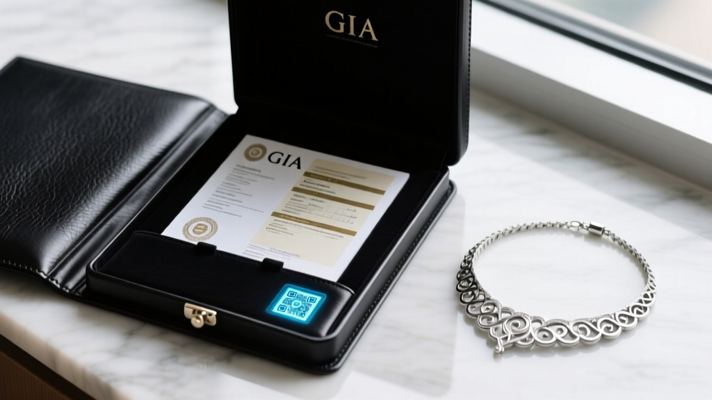 Close-up of a leather dossier containing GIA grading reports and a blockchain provenance QR code beside a heavy platinum necklace
