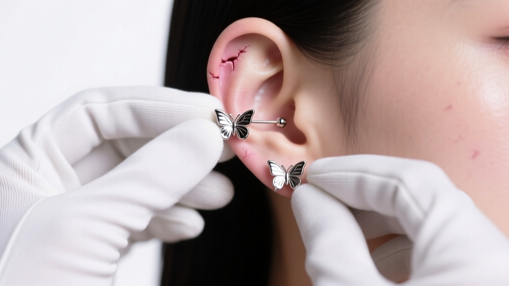 Gloved hands gently removing a 20-gauge steel butterfly-back starter earring from a healed earlobe under bright studio lighting.