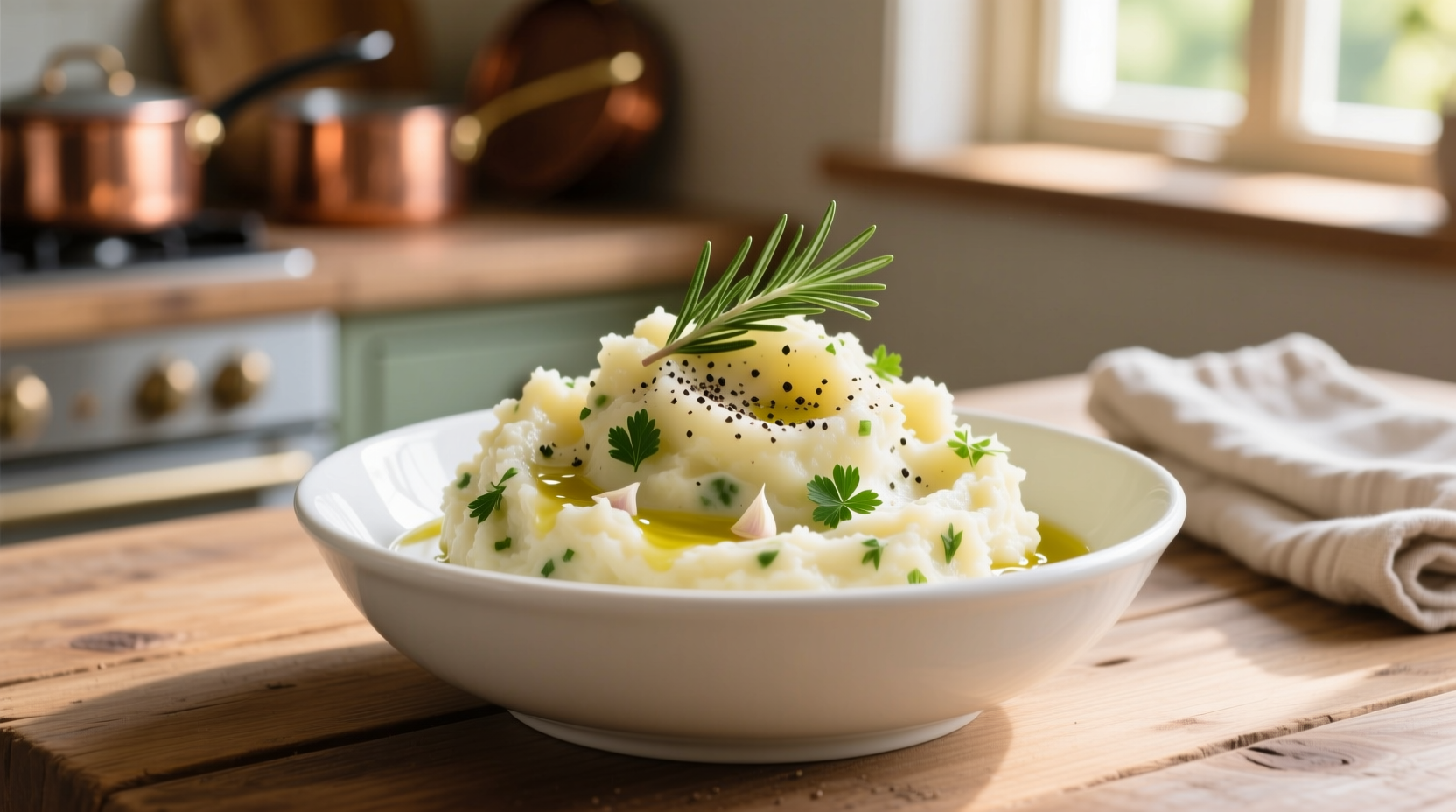 Creamy garlic herb mashed potatoes in white bowl