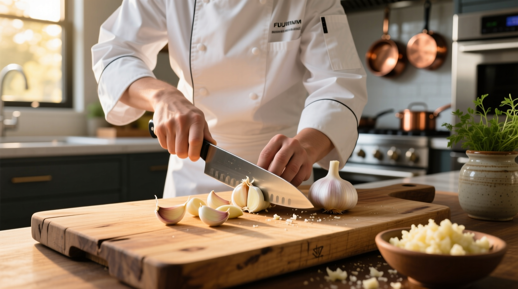 Professional chef slicing fresh garlic cloves on wooden cutting board