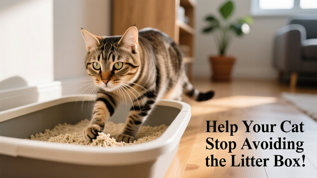 Close-up of a cat calmly using a clean, shallow litter box with natural-looking litter