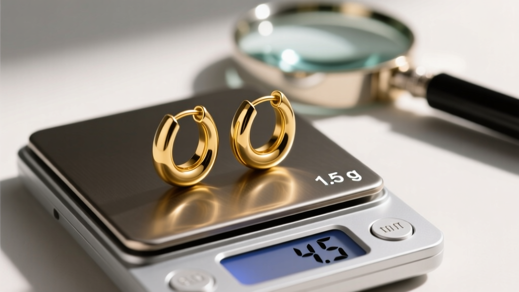 Digital scale showing 18k yellow gold medium hoop earrings weighing 4.5 grams, with a blurred jeweler loupe in the soft background.
