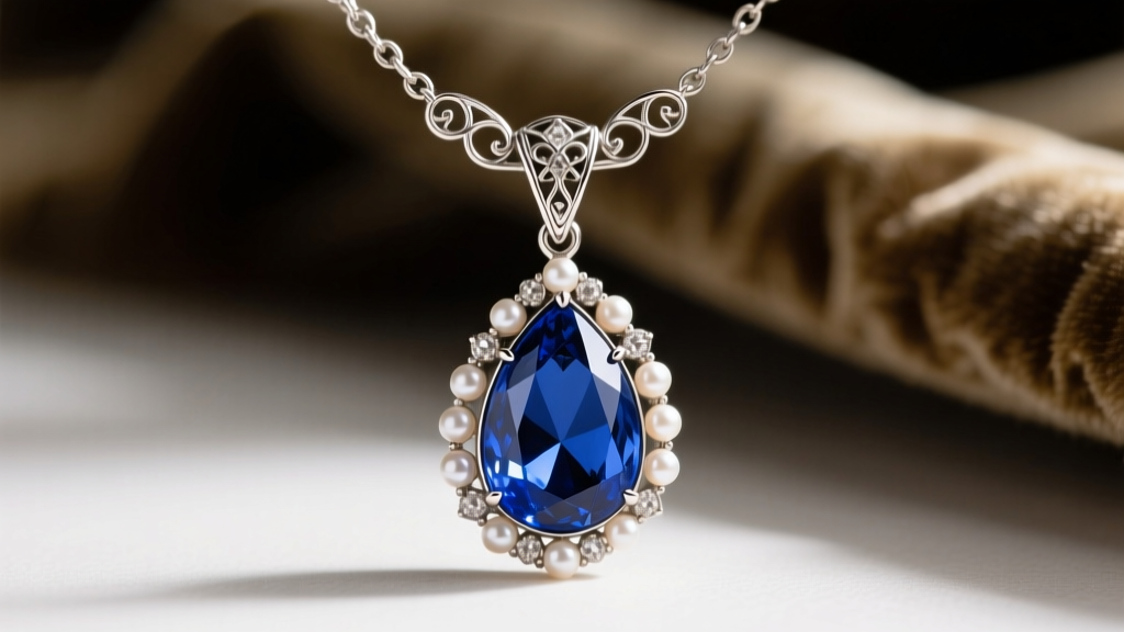 Close-up of an antique Edwardian necklace lavalier with a pear-cut sapphire drop and seed pearls on a delicate platinum chain