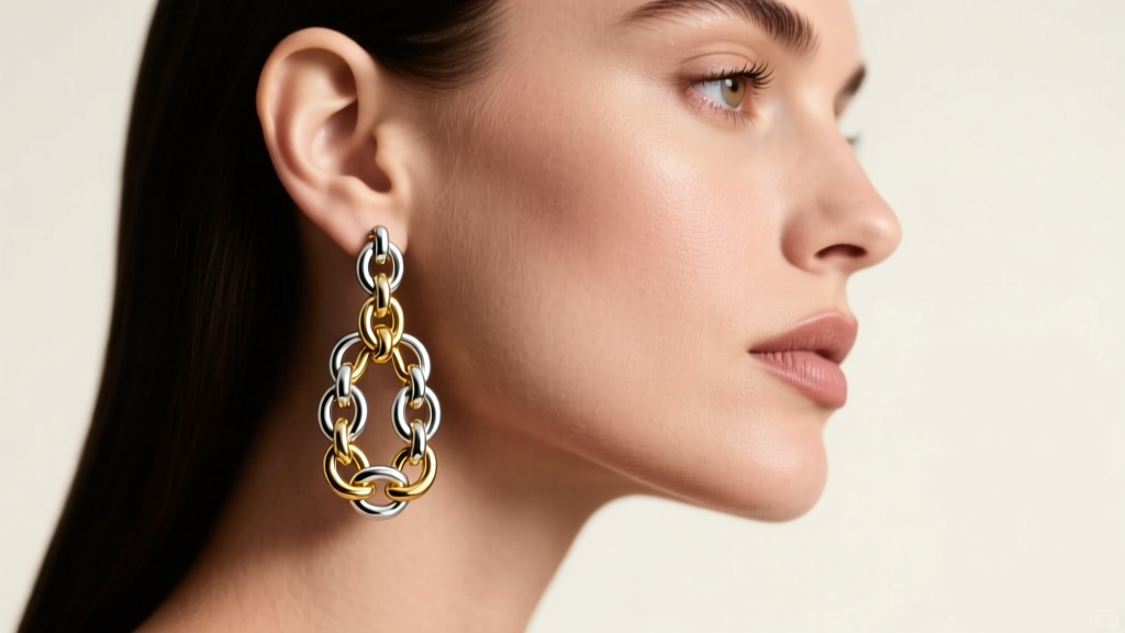 Side profile of a model wearing two-tone silver and gold Charriol Alexandre drop earrings, showing the Byzantine link detailing.
