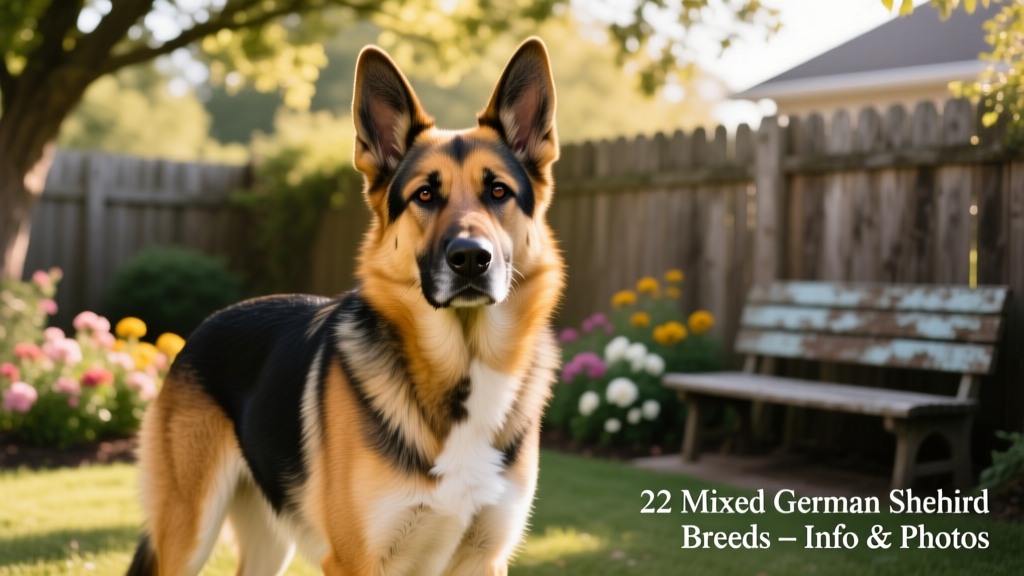 A confident German Shepherd mix standing alert in a sunlit backyard