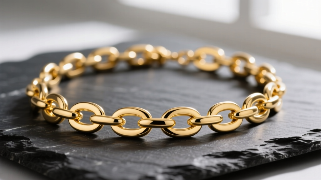 Close-up of a polished 14k yellow gold marine chain necklace on dark slate, highlighting oval links and vertical center bars