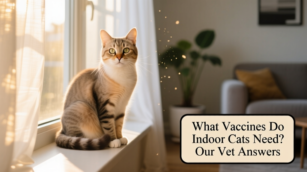A calm, healthy indoor cat sitting on a sunny windowsill, looking relaxed and well-cared-for