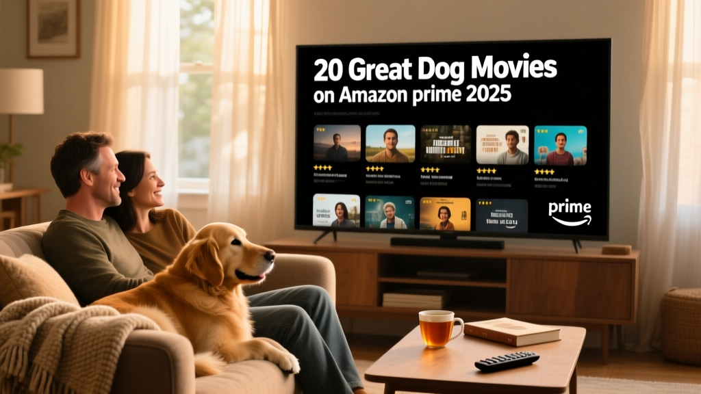 A cozy living room scene with a person and their dog curled up together watching a movie on a large screen