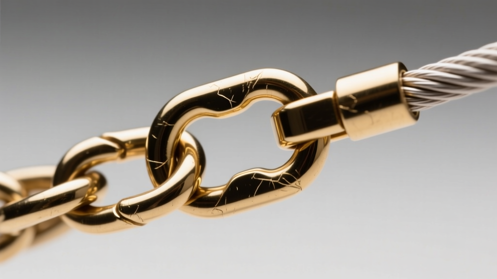 Extreme close-up of the 1.2mm cable chain and brass lobster clasp, highlighting the jump ring connection and metal texture