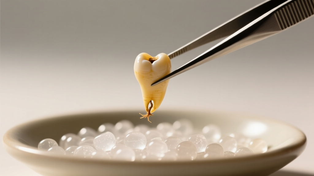 Tweezers holding a dried baby tooth over a dish of silica gel beads, illuminated by soft, warm directional studio lighting.