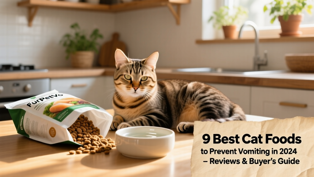A calm, content cat resting beside an open FurPetVo food bag and clean water bowl