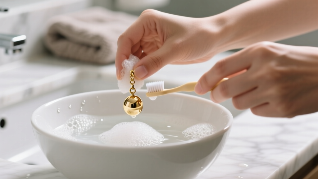 Hands scrubbing a gold vermeil ball chain earring with a soft baby toothbrush in a ceramic bowl of soapy water, bright lighting