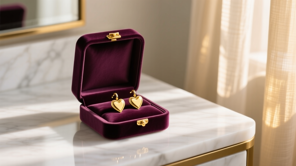 Elegant velvet jewelry box open on a marble vanity, revealing 14k yellow gold dangle heart earrings catching soft morning light.