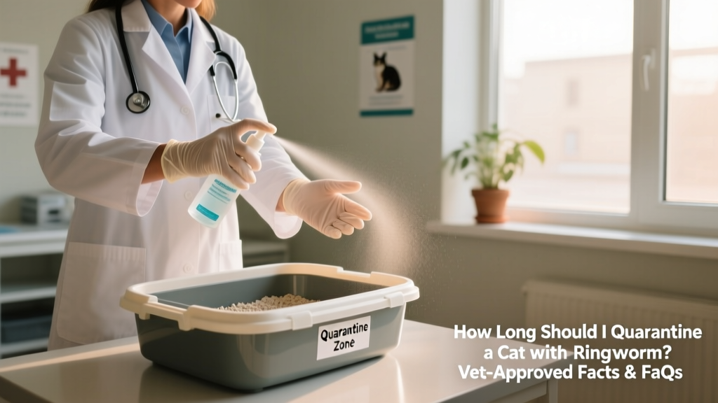 Veterinarian demonstrating proper glove use and disinfectant application on a litter box during ringworm quarantine