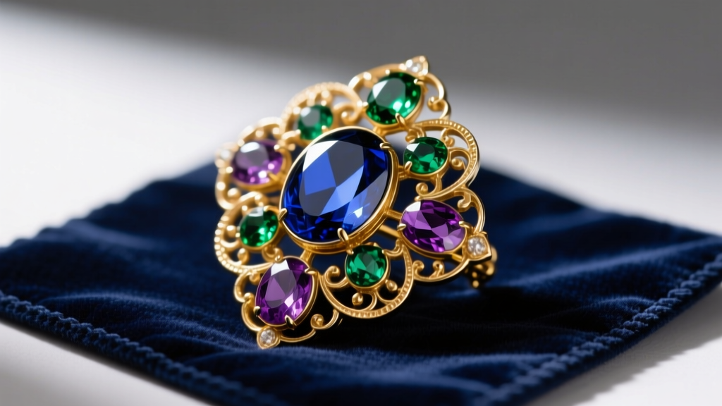 Close-up of vintage gold-plated costume brooch with glass cabochons resting on a dark velvet cleaning mat, soft studio lighting