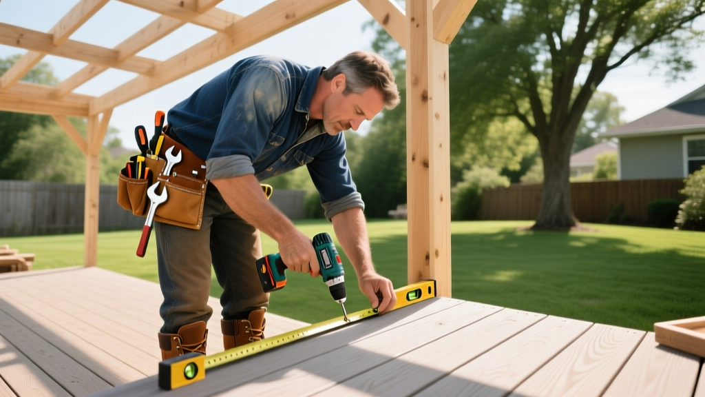Professional carpenter in tool belt measuring and installing composite decking boards on a framed wooden deck structure in a suburban backyard