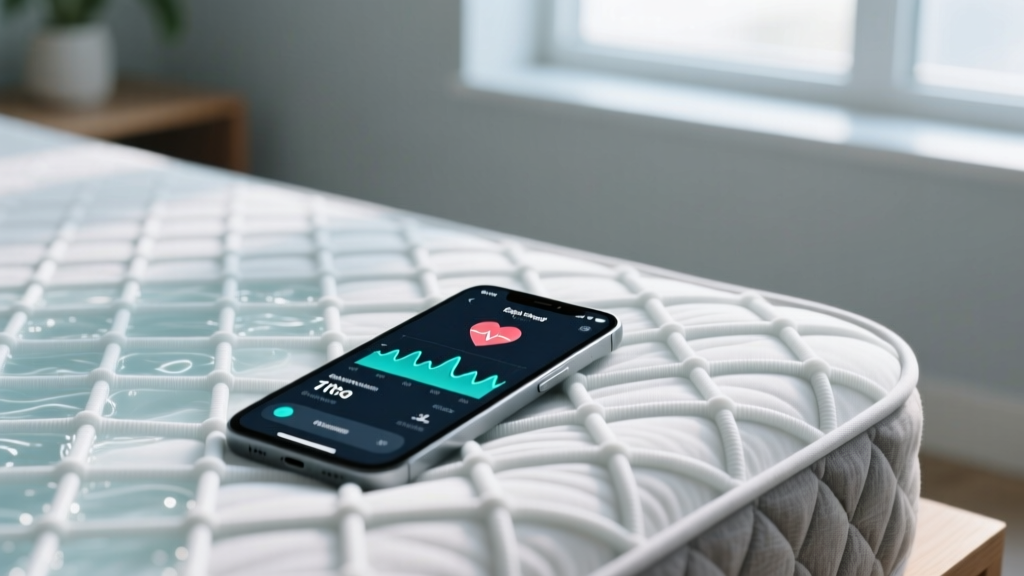 Close-up of the Eight Sleep Pod 4 Ultra mattress cover showing the subtle micro-tubing water grid and a smartphone displaying biometric sleep tracking data.