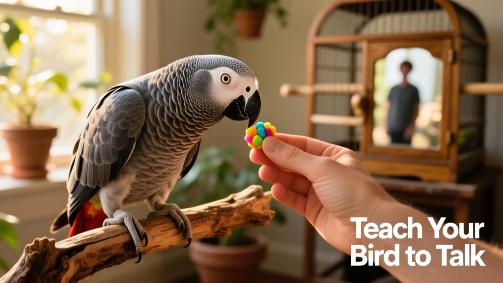A hand gently offering a treat to a curious African grey parrot perched on a natural wood perch