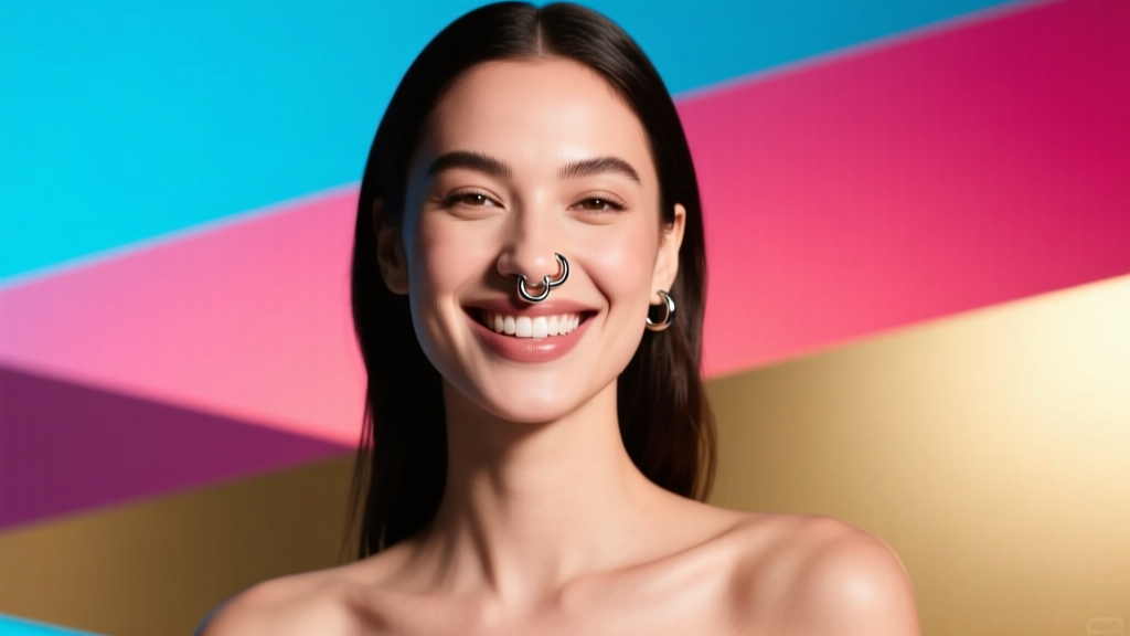 Model wearing a 16-gauge titanium handlebar mustache septum ring, smiling against a vibrant studio backdrop with soft rim lighting