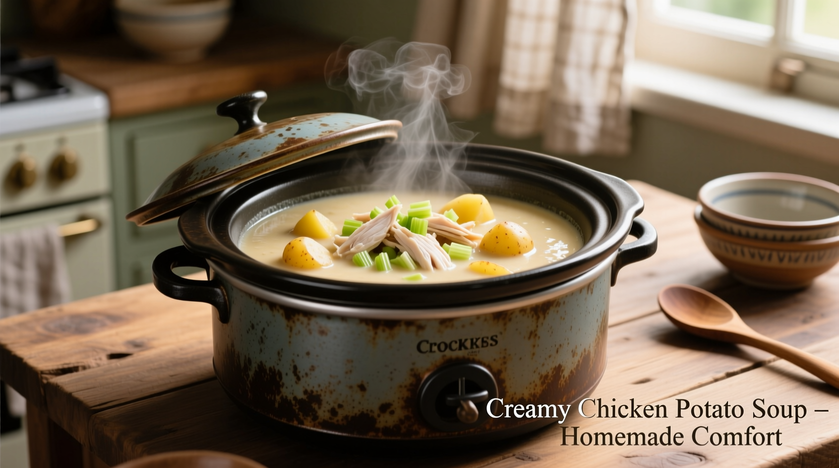 Crockpot filled with creamy chicken potato soup
