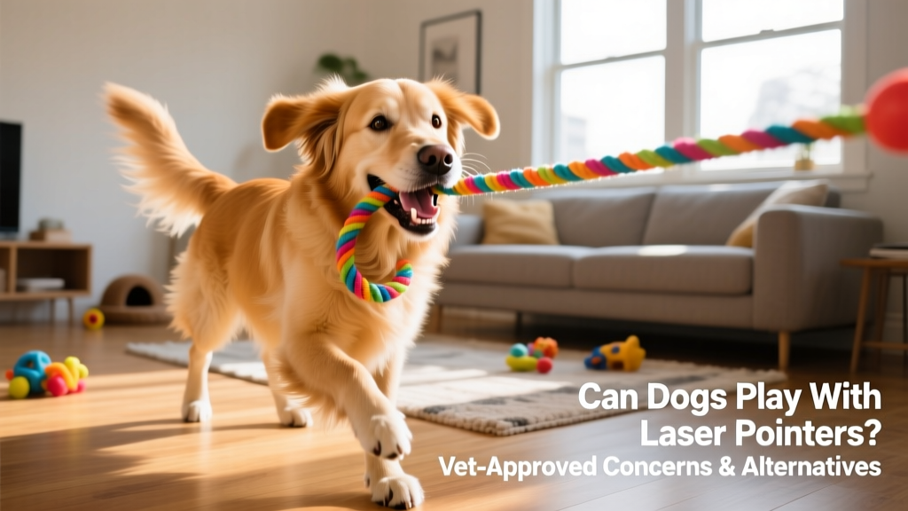 A golden retriever happily holding a tug rope in its mouth after a flirt pole session, tail wagging