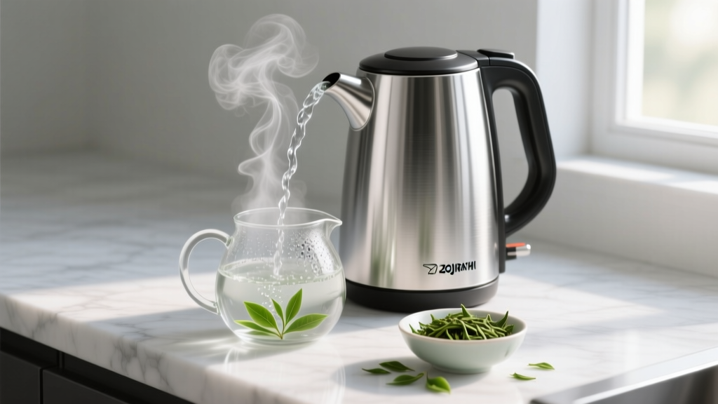 Stainless steel Zojirushi VE hybrid water boiler and warmer dispensing steaming hot water into a clear glass teapot next to loose leaf green tea