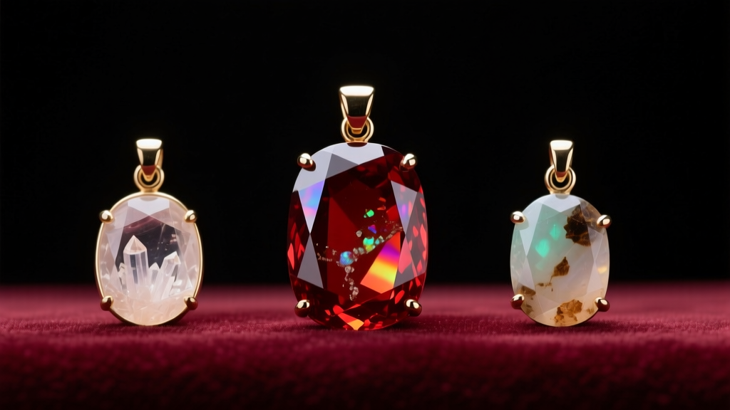 Macro shot of three sunstone charms on velvet, comparing deep red Oregon schiller to pale Indian and African feldspar varieties.