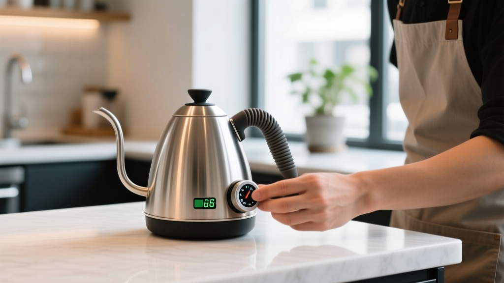 Barista adjusting digital PID temperature dial on custom stainless steel electric kettle with ergonomic 3D-printed silicone grip.