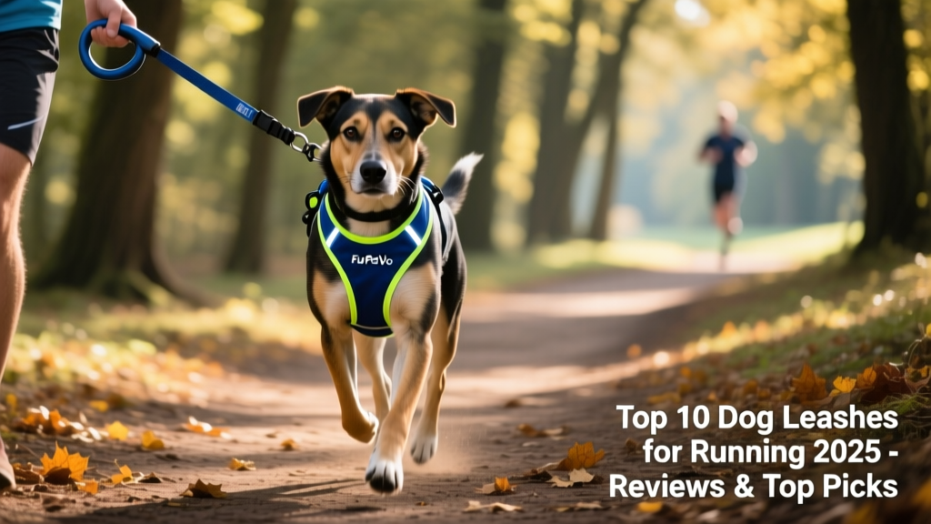 Dog wearing a properly fitted front-clip running harness, connected to a FurPetVo hands-free leash, mid-stride on a shaded park trail