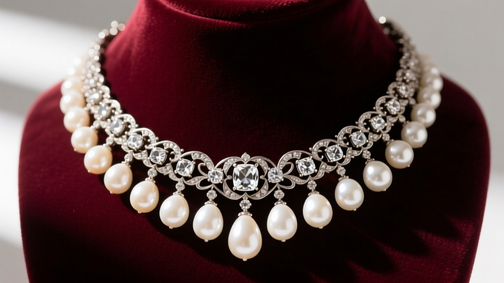Antique pearl and diamond necklace on velvet, showing Edwardian platinum filigree, old European diamonds, and creamy pearls.