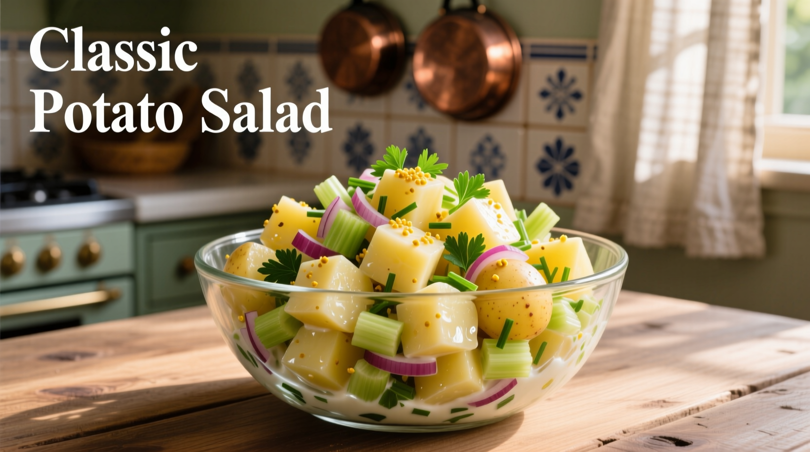 Classic potato salad in glass bowl with fresh herbs