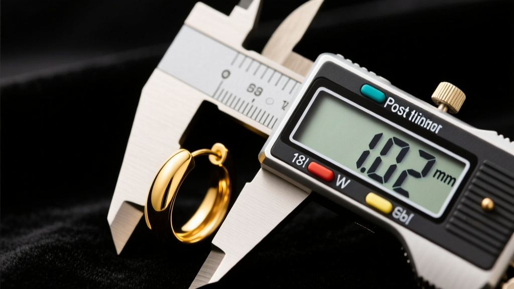 Close-up of a digital caliper measuring the post thickness of an 18-gauge gold earring against a dark velvet background.