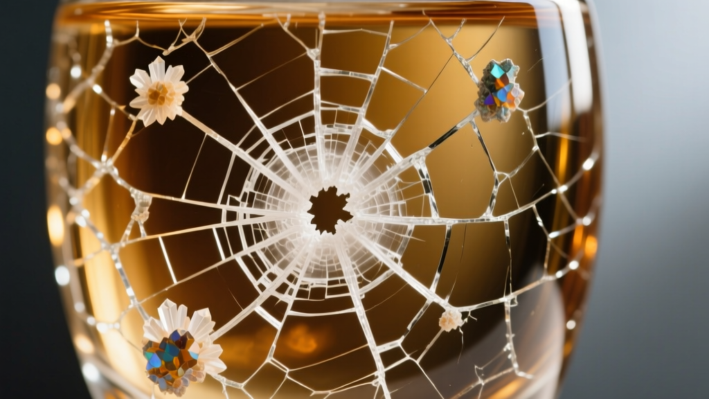 Extreme macro photography of ancient glass crizzling, revealing a microscopic network of fine white fractures and mineral deposits