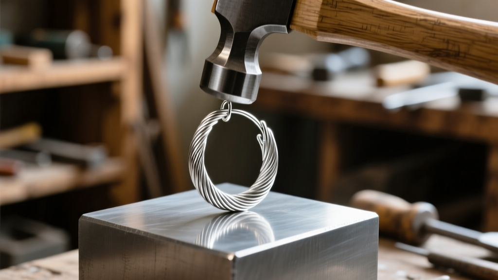 Macro shot of a hammer striking silver wire on a steel block, showing the textured surface of a handmade artisan hoop earring