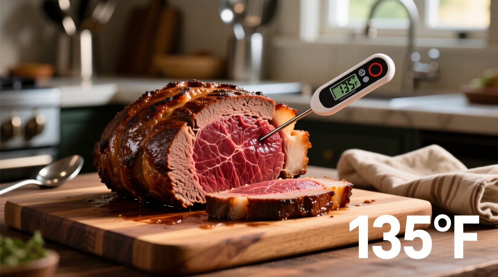 Perfectly cooked beef top round roast with internal temperature reading