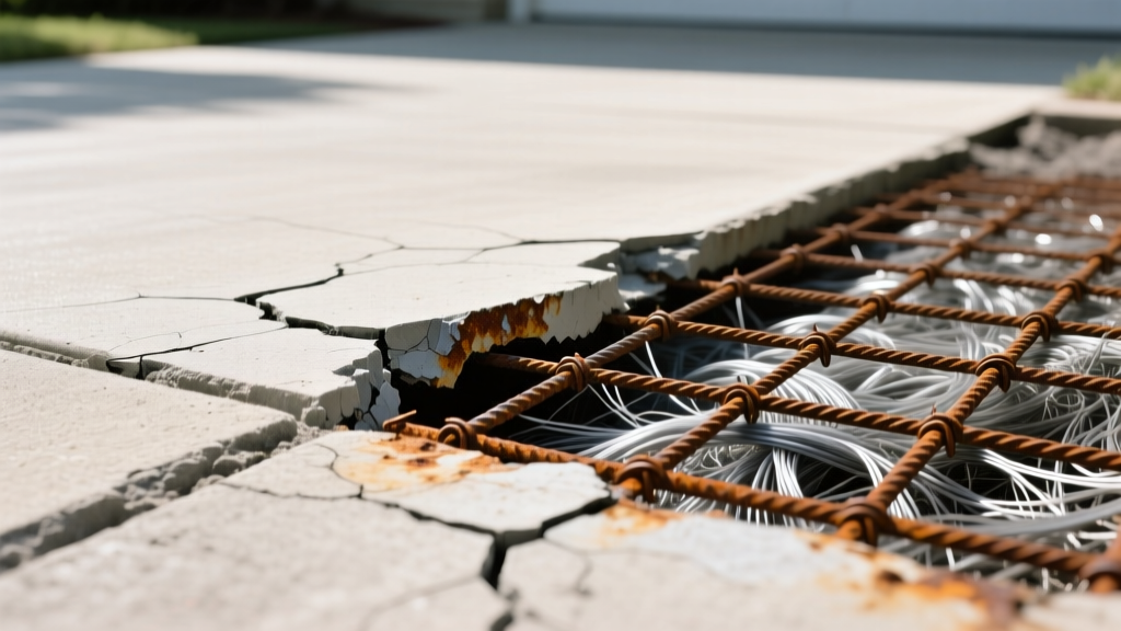 Close-up of a cracked concrete driveway being repaired, exposing rusted wire mesh on one side and synthetic macro fibers on the other side