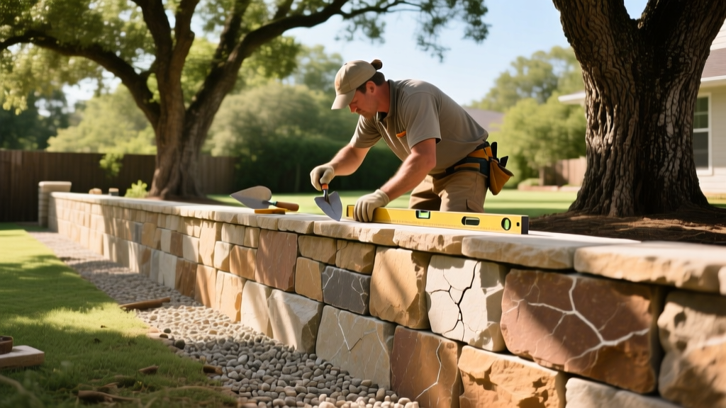 Mason installing dry-stack Texas limestone retaining wall over compacted gravel base in a sunny Austin backyard with live oaks.