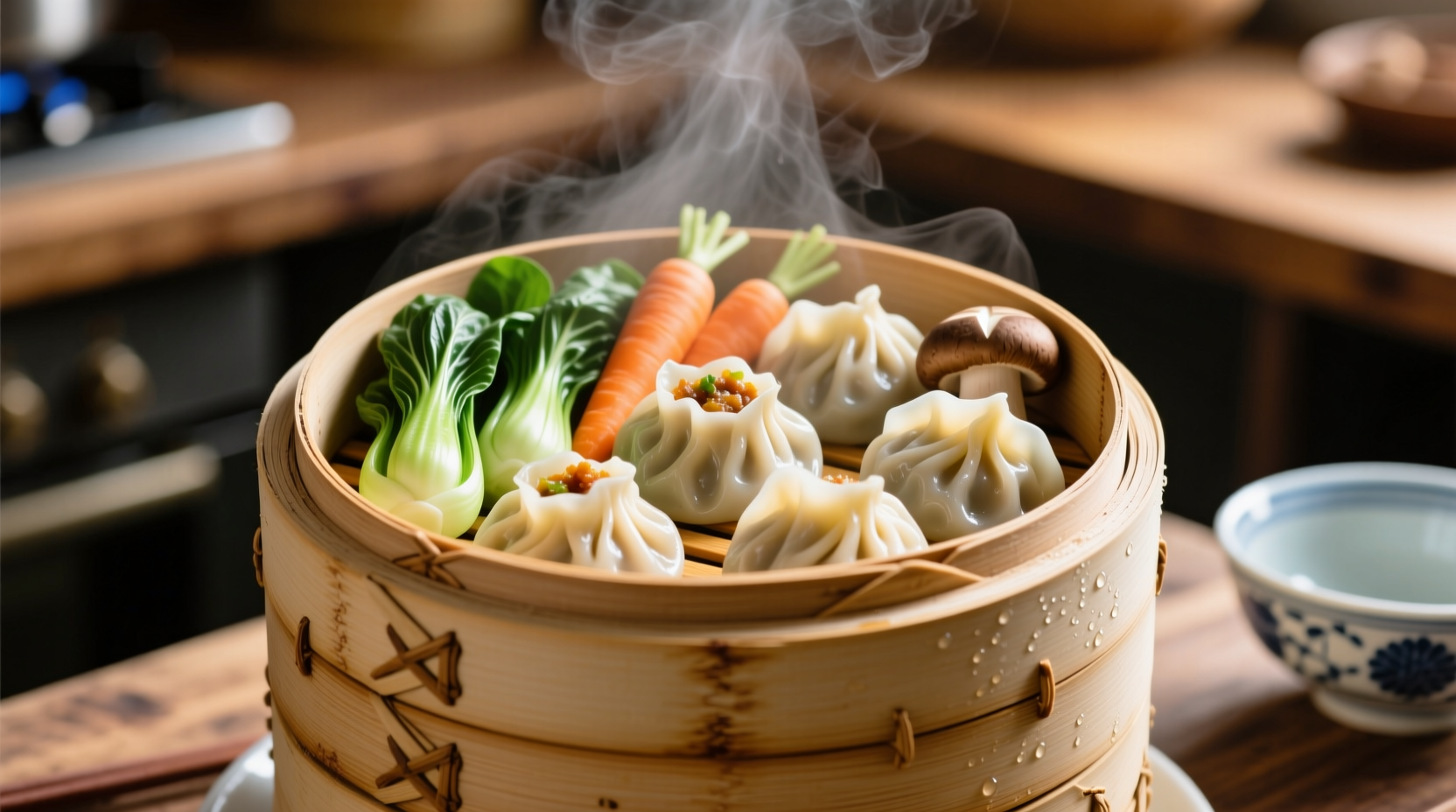 Bamboo steamer with dumplings and vegetables