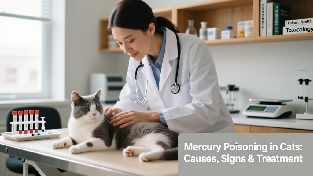 Veterinarian gently examining a calm cat during an office visit, with diagnostic tools visible in background