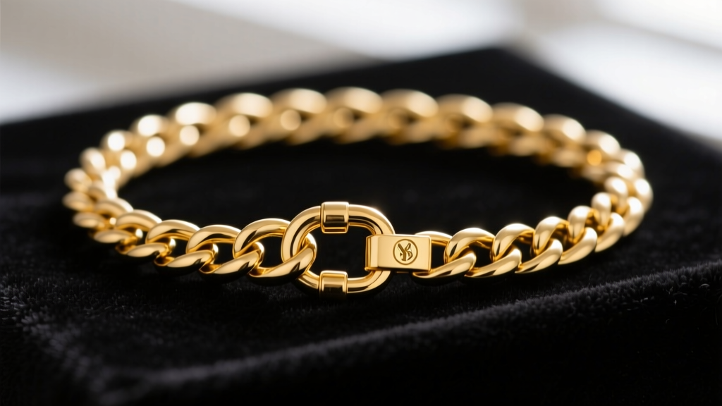 Macro shot of 18k gold vermeil figaro chain on dark velvet, highlighting the rich yellow gold tone and detailed lobster clasp