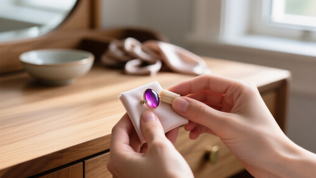 Hands gently buffing a smooth cabochon-cut rhodonite stud earring with a microfiber jewelry cloth on a warm wooden vanity surface.