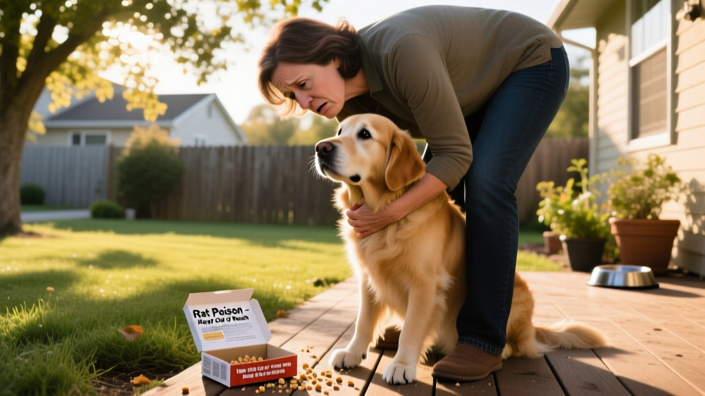 A concerned pet owner holding their dog while checking a rat poison bait box nearby