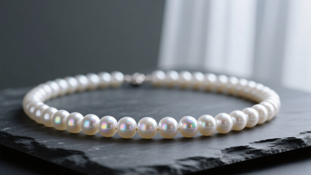 Close-up of a classic 16-inch white Akoya pearl princess necklace resting on dark slate with soft moody lighting and sharp luster.