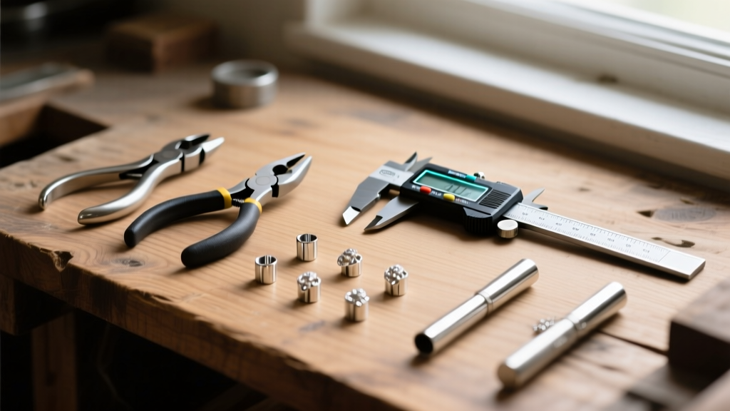 Flat lay of jewelry tools including flush cutters, crimping pliers, a caliper, and silver tube end findings on a wood workbench