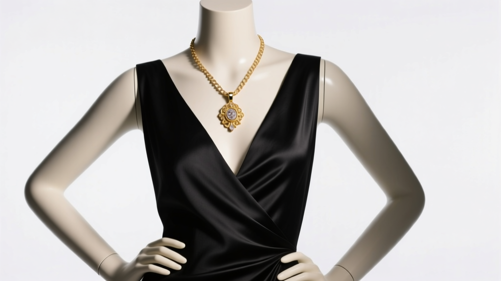 Mannequin in a black V-neck silk dress wearing an 18-inch 14k gold princess-length pendant necklace under soft studio lighting