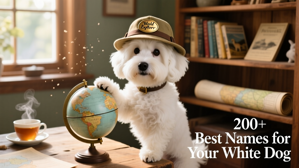 A fluffy white dog wearing a tiny explorer hat, standing beside a miniature globe